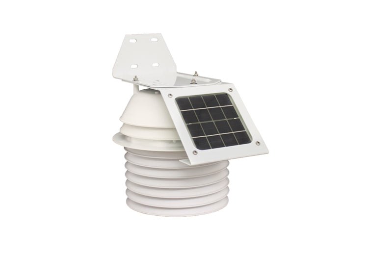 Temperature and humidity sensor with 24-hour aspirated radiation shield by Davis Instruments, showing layered white design and solar panel.
