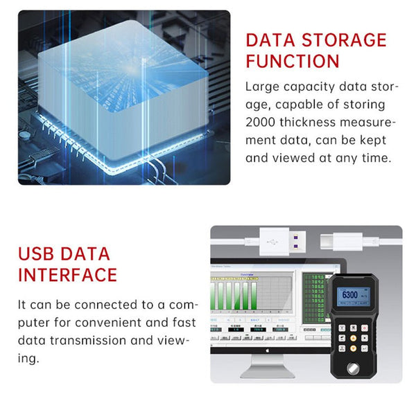 Ultrasonic Thickness Gauge by BRK with highlighted data storage and USB interface connecting to a computer.