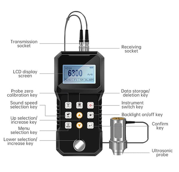 Ultrasonic Thickness Gauge by BRK with an LCD screen and a connected ultrasonic probe.