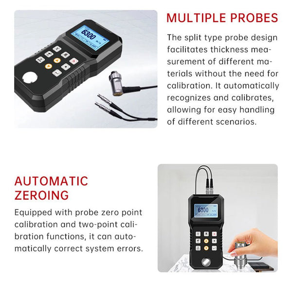 Handheld ultrasonic thickness gauge by BRK, featuring a digital display, control buttons, and detachable split-type probes, shown in multiple views.