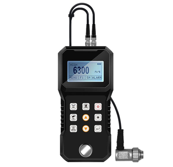 Handheld Ultrasonic Thickness Gauge by BRK with a blue LCD screen and a connected ultrasonic sensor.