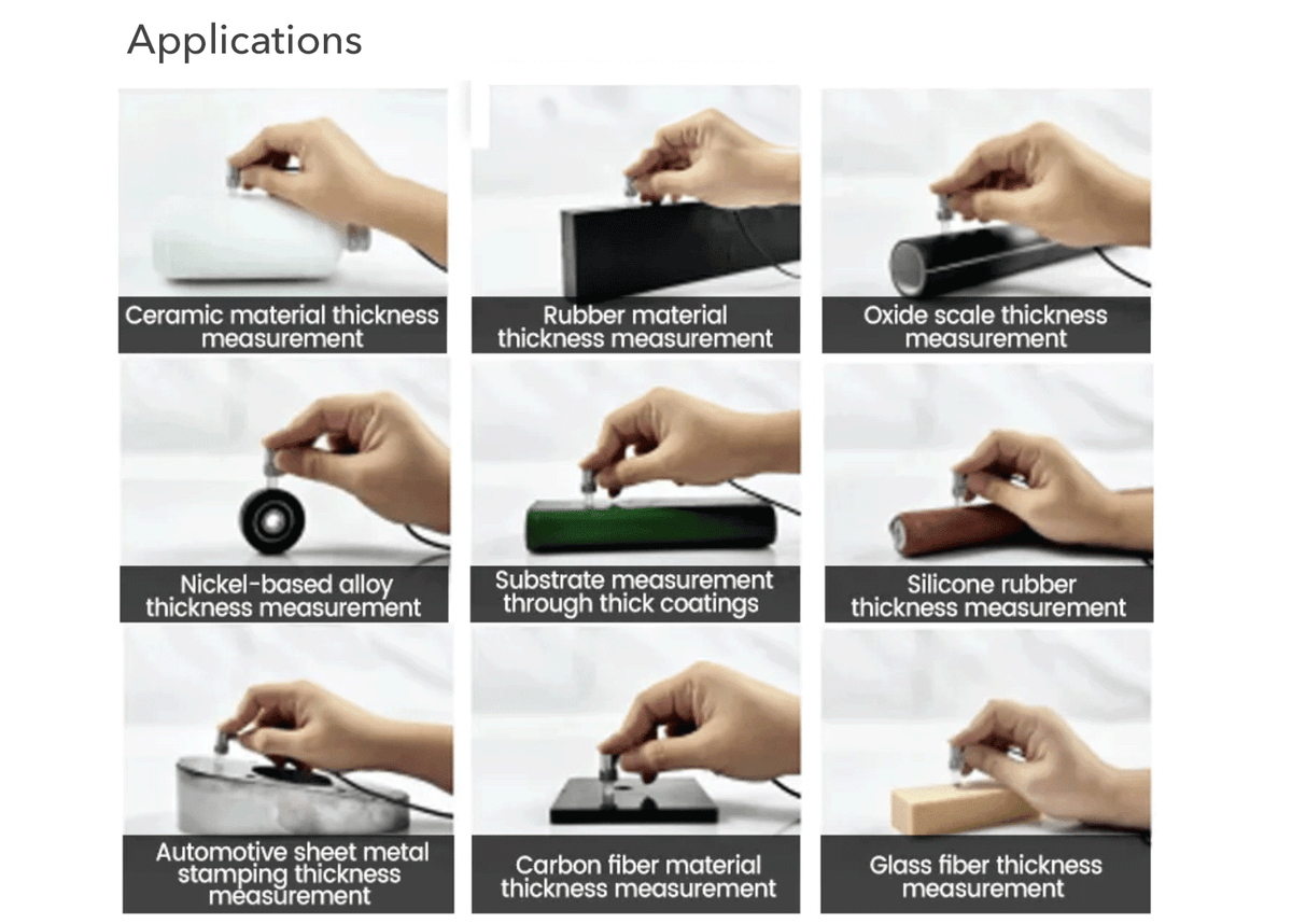 Ultrasonic precision thickness gauge by BRK demonstrating applications on various materials in different scenarios.
