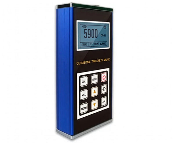 Blue ultrasonic thickness gauge by BRK, featuring a black display panel with multiple control buttons.