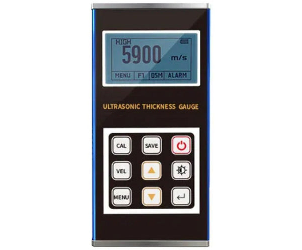 Ultrasonic thickness gauge by BRK with a digital display and keypad for industrial use.