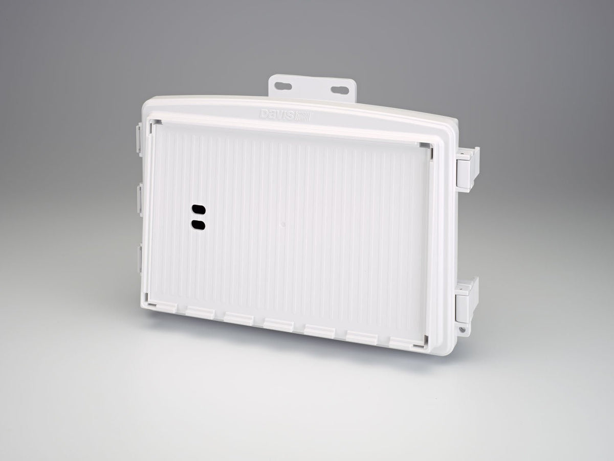 White universal shelter by Davis Instruments featuring ventilation slots and mounting bracket.