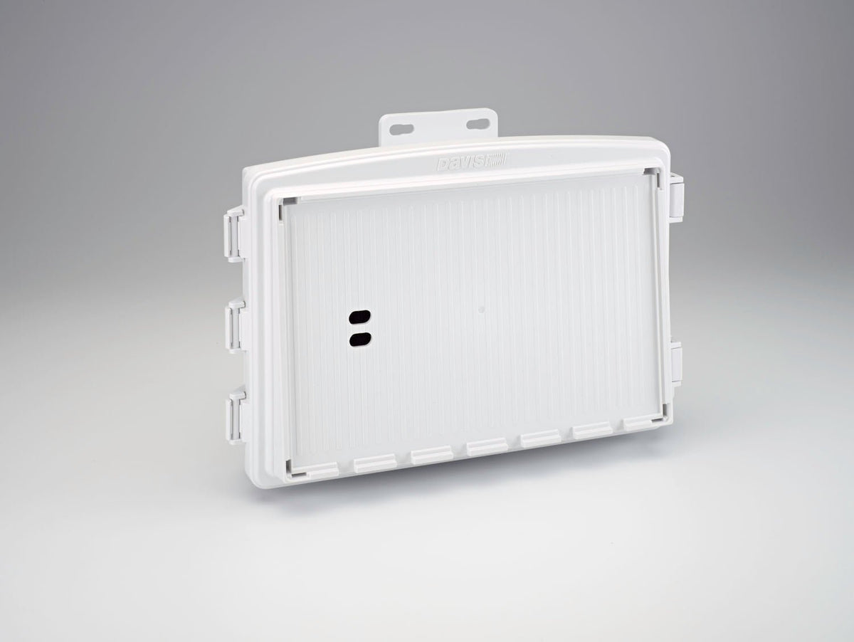 White universal shelter by Davis Instruments with ventilation slots and mounting bracket.