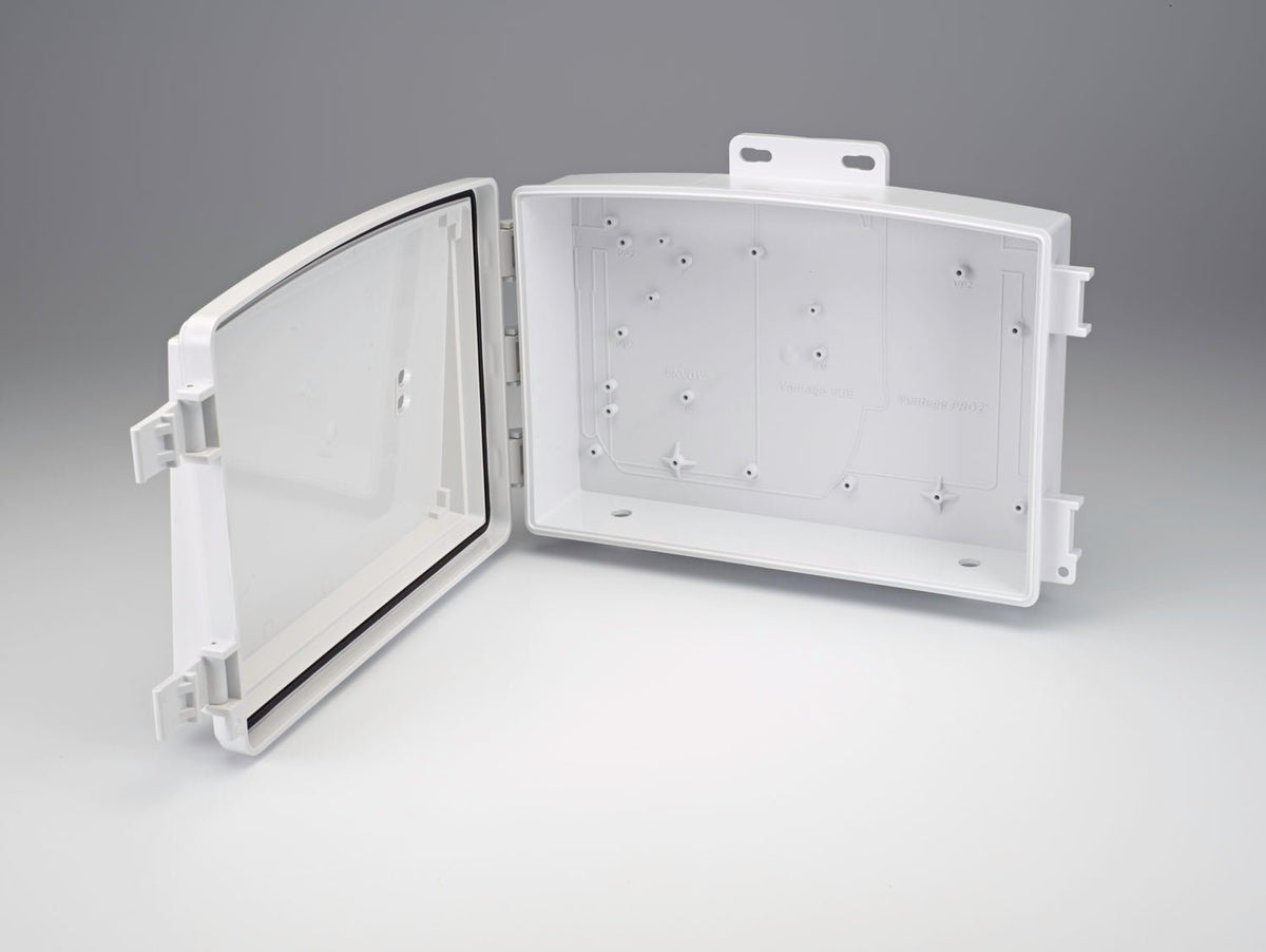 White universal shelter by Davis Instruments with an open door showing the mounting structure.
