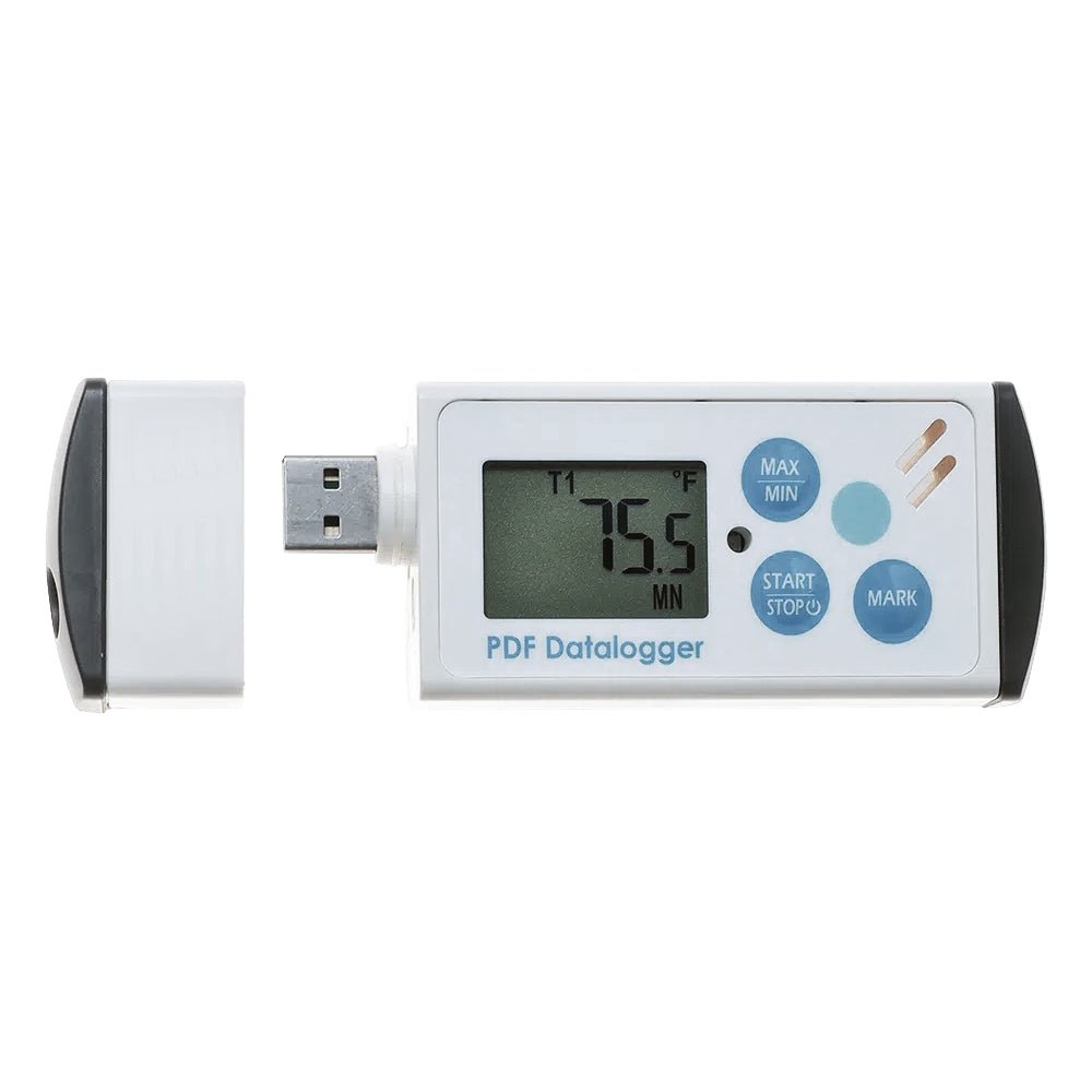 White USB temperature datalogger with PDF reports by Sper Scientific showing a digital temperature reading.