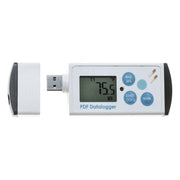 White USB temperature datalogger with PDF reports by Sper Scientific showing a digital temperature reading.