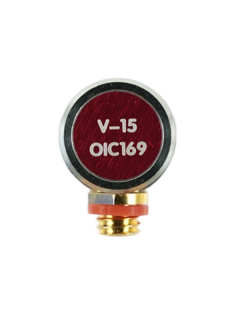 V-15 Probe, red and silver with a golden threaded base, by BRK, displaying 'V-15 OIC169' text on its brushed red surface.