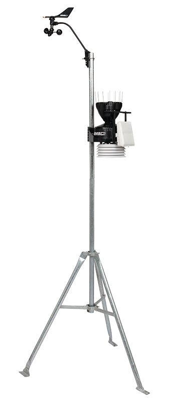 Cabled weather station by Davis Instruments on a silver tripod with anemometer and rain collector.