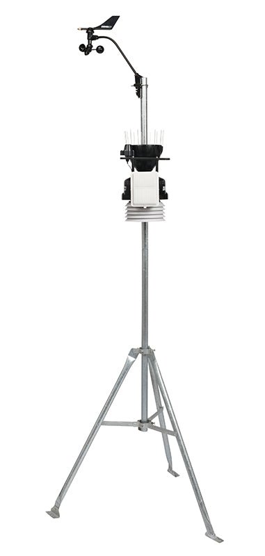Complete weather station by Davis Instruments with an anemometer on top and a sturdy, tripod base.
