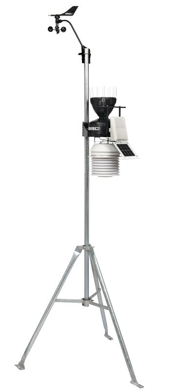 Weather station with 24-hour fan-aspirated radiation shield by Davis Instruments atop a metal tripod stand.