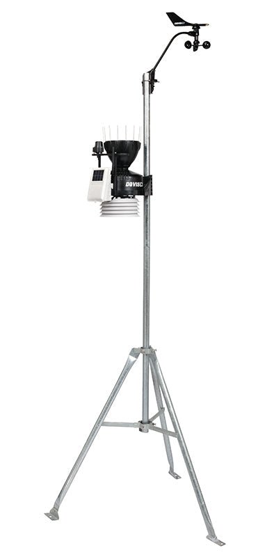 Weather station sensor suite by Davis Instruments on a silver metal tripod stand.