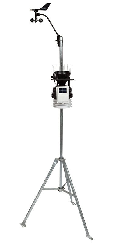 Wireless weather station by Davis Instruments with anemometer, rain collector, and solar sensor, supported by a metal tripod.