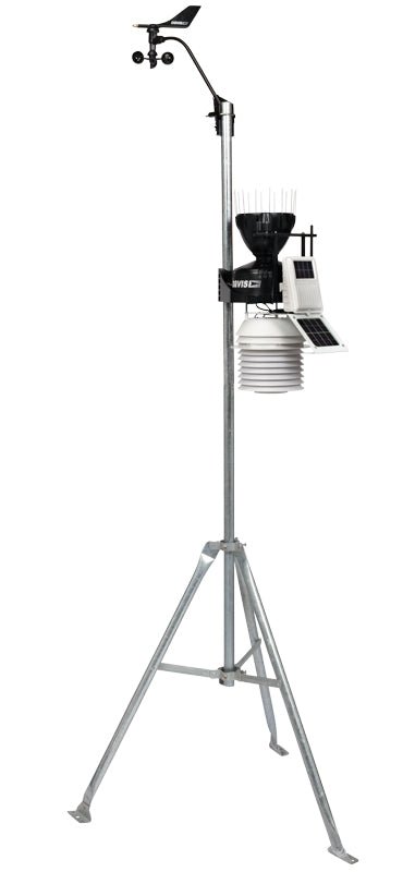 Wireless weather station with fan-aspirated radiation shield by Davis Instruments on a tall, silver tripod.