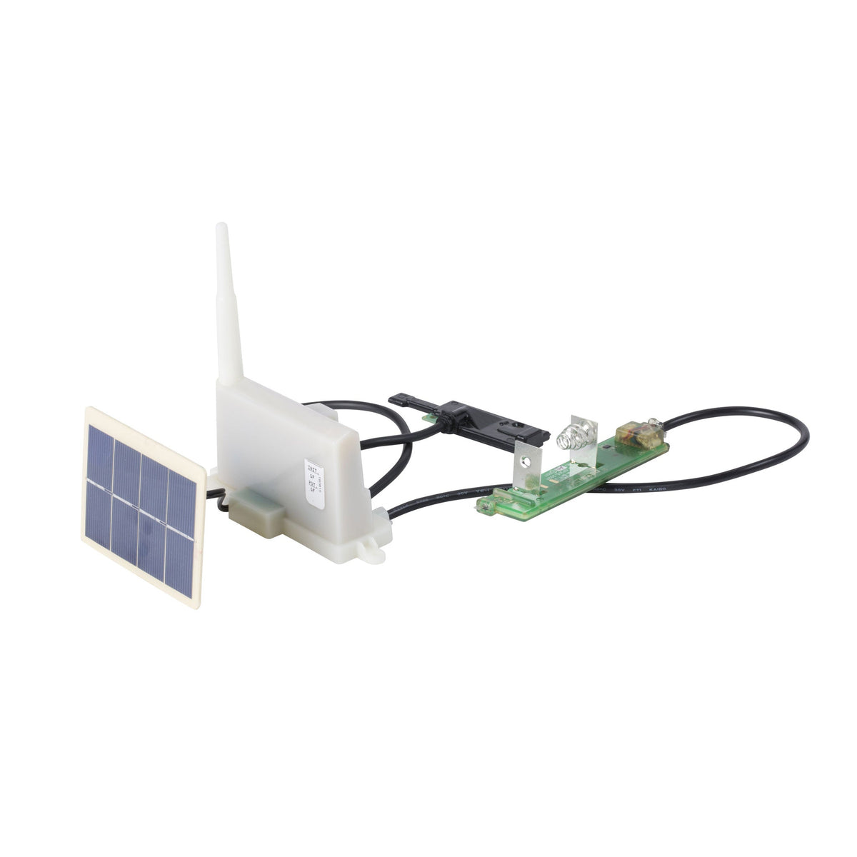 Replacement part PCBA by Davis Instruments with a solar panel, antenna, and black cable.