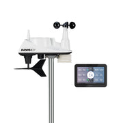 Wireless weather station with display console by Davis Instruments, showing current weather data on its LCD screen.
