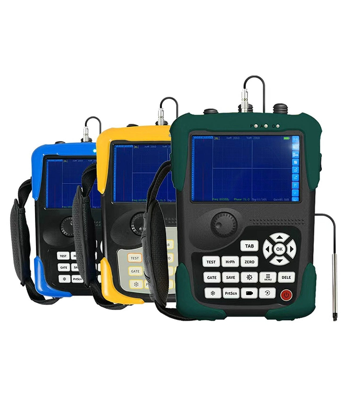 Digital eddy current flaw detectors by BRK in blue, yellow, and green protective cases with attached straps.
