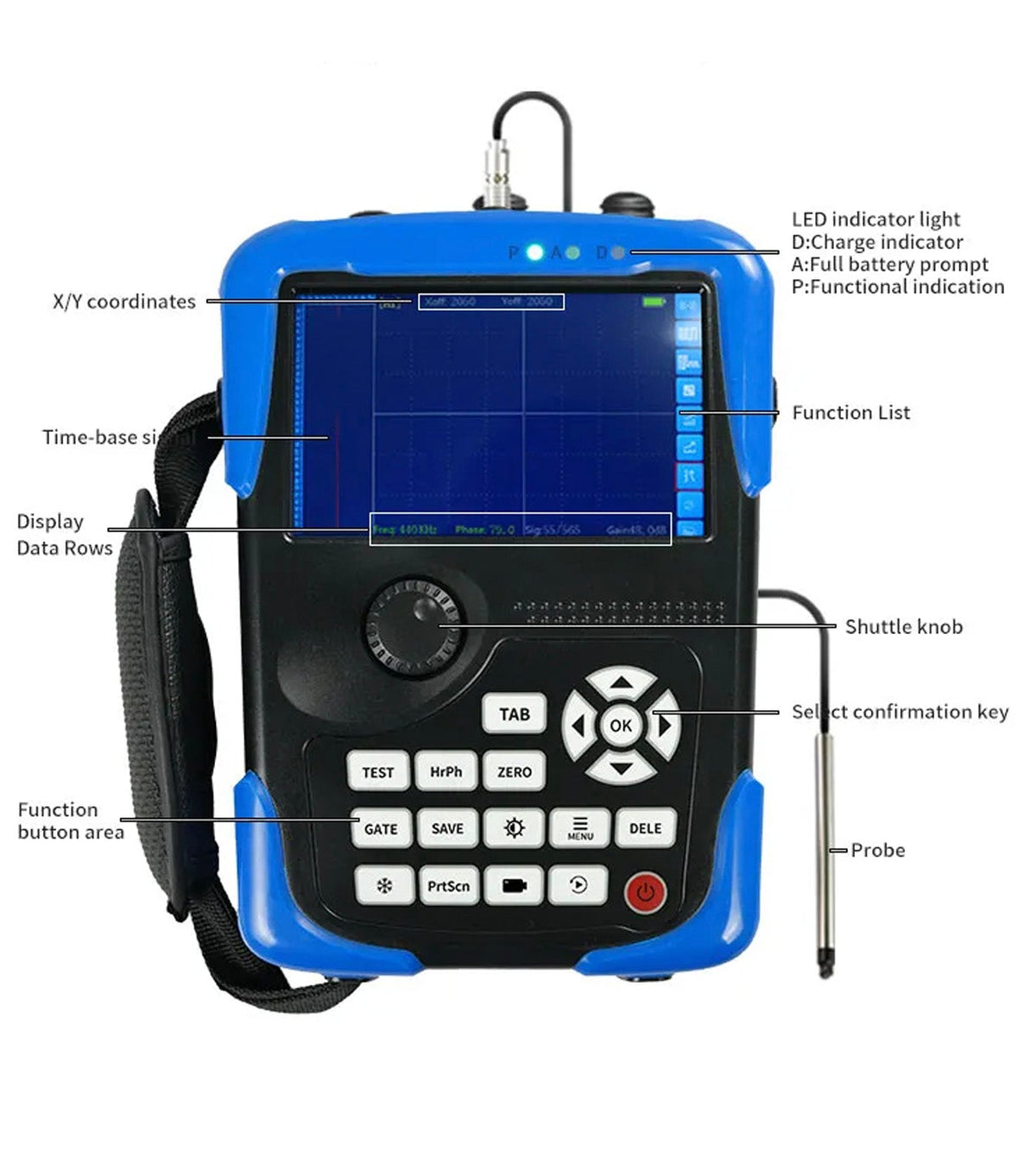 Digital ultrasonic flaw detector of the Vertex Series by BRK, featuring a blue and black housing with integrated display screen and function buttons.
