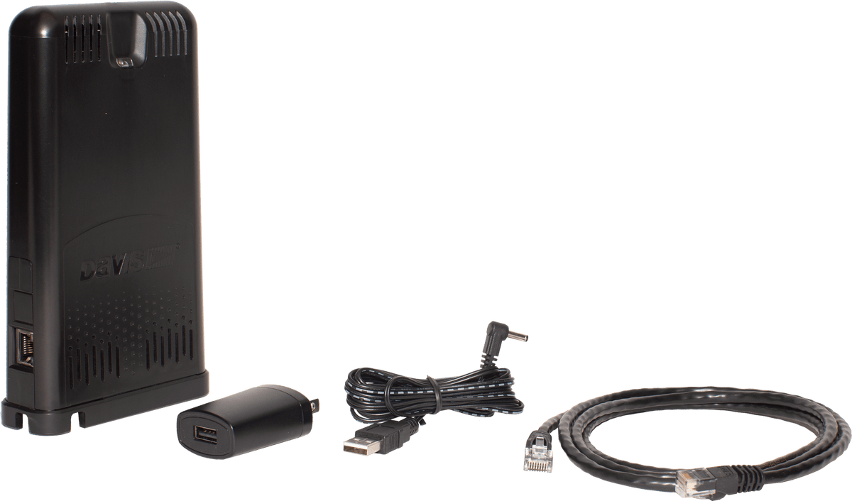 Black WeatherLink Live data collection device by Davis Instruments, with connecting cables and a power adapter.