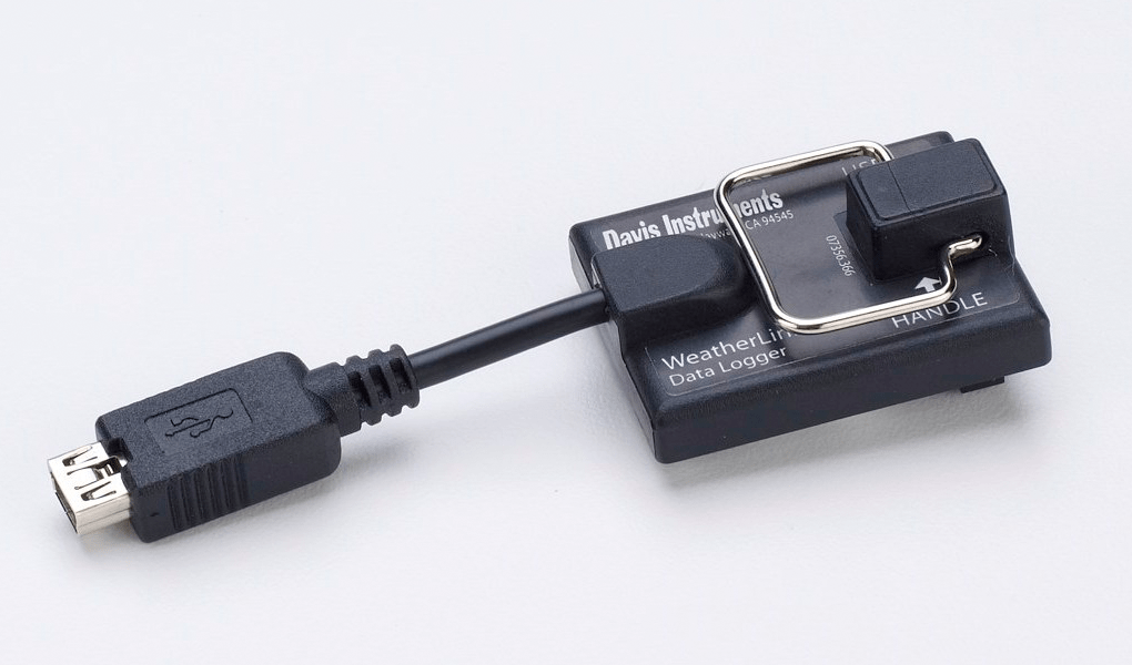 Black data logger by Davis Instruments with attached USB cable and metallic handle.