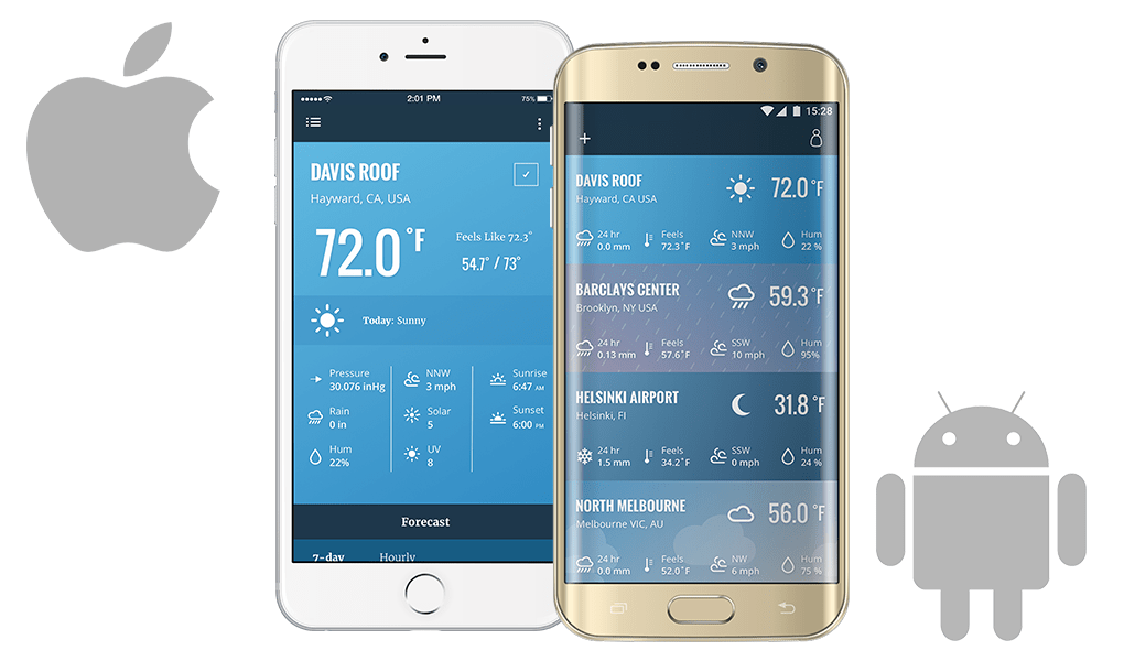 Weather application displayed on smartphones by Davis Instruments with contrasting iOS and Android interfaces.