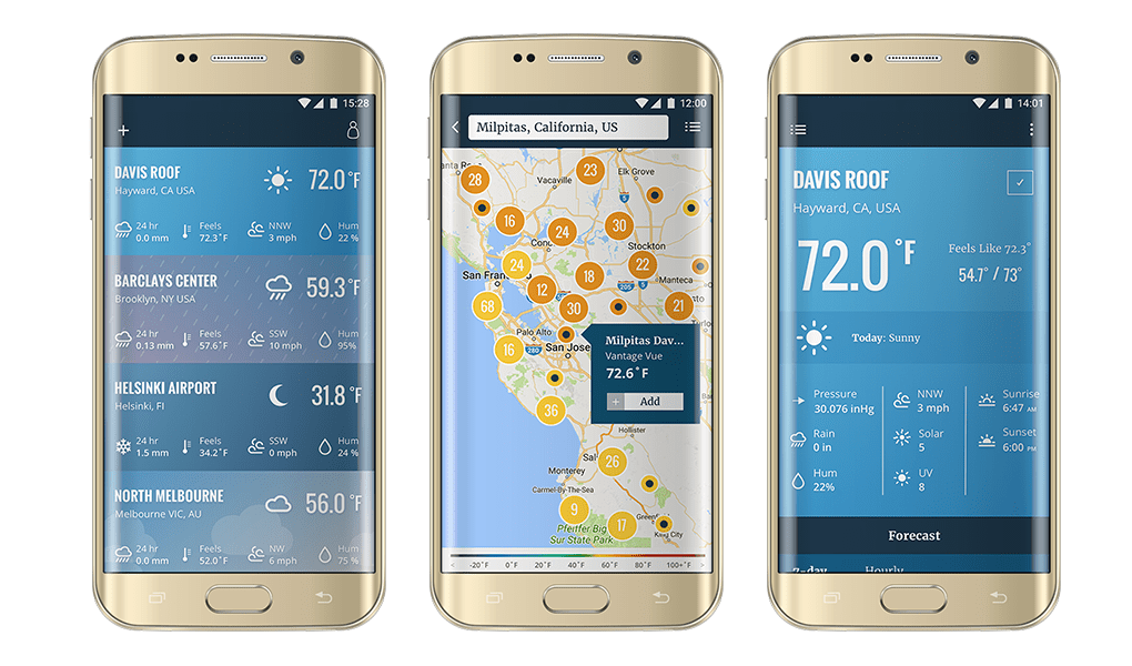 WeatherLink USB data logger by Davis Instruments, shown with weather information on smartphone screens.
