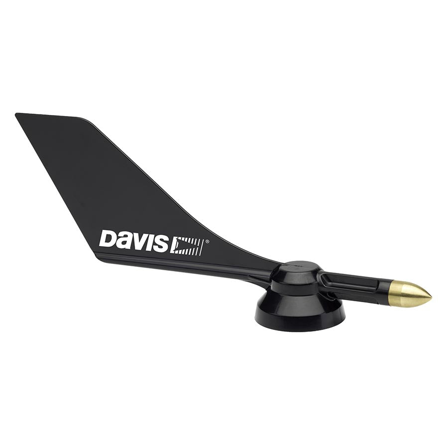 Black wind vane with D-shaped receptacle and brass tip by Davis Instruments, with white logo on vane.