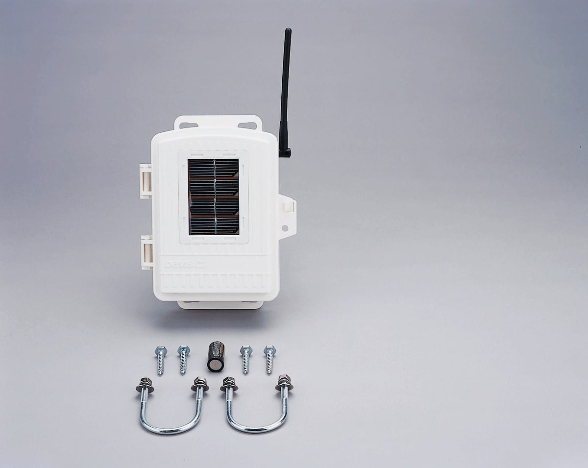 White wireless leaf and soil moisture station by Davis Instruments with antenna and mounting hardware.