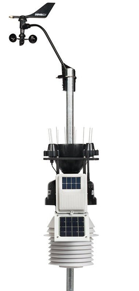 Wireless weather station with fan-aspirated radiation shield by Davis Instruments, featuring an anemometer and solar panels.