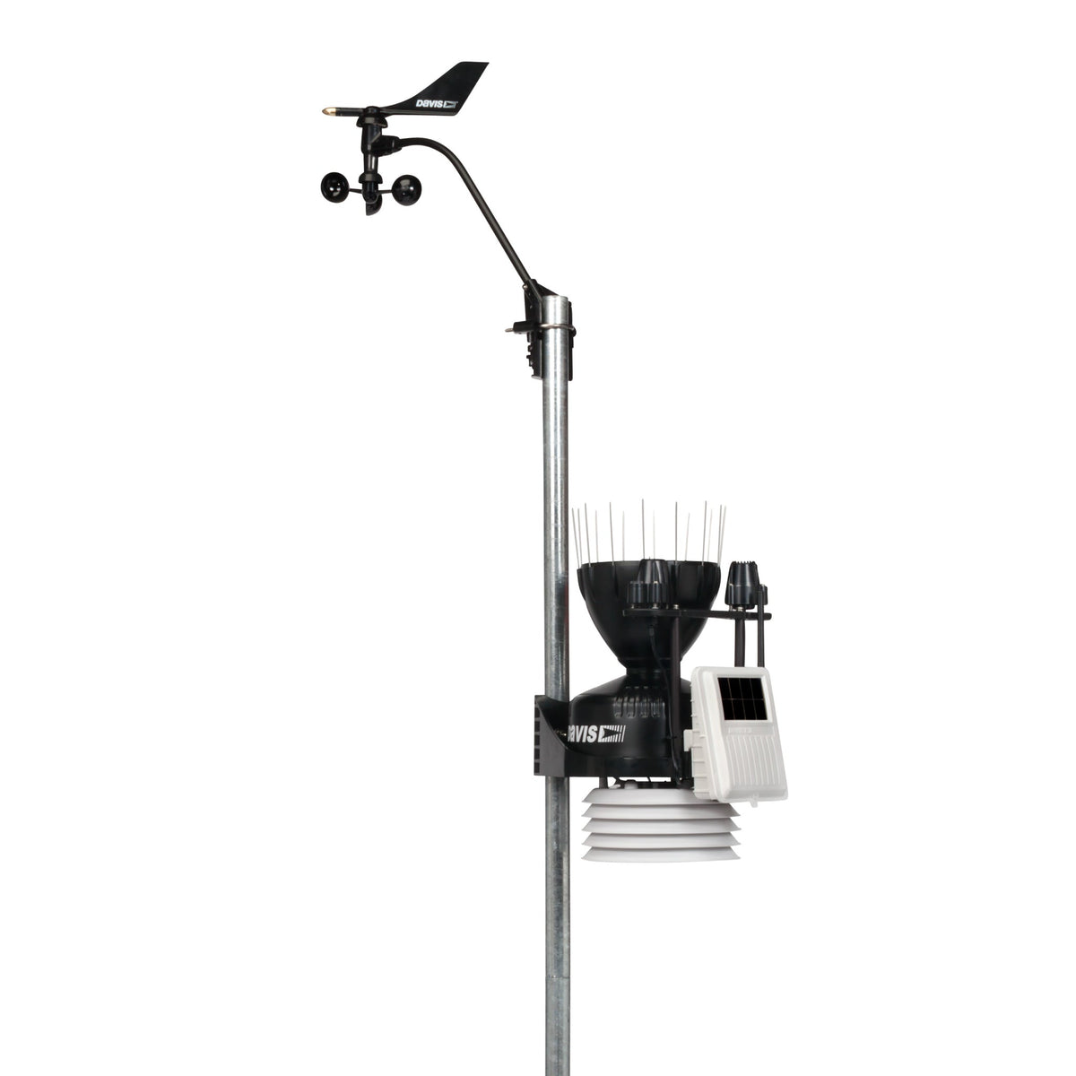 Wireless Vantage Pro2 Plus weather station by Davis Instruments with sensors and solar panel mounted on a pole.
