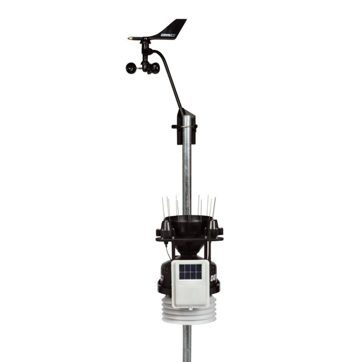 Wireless weather station by Davis Instruments with solar panel and rain collector.