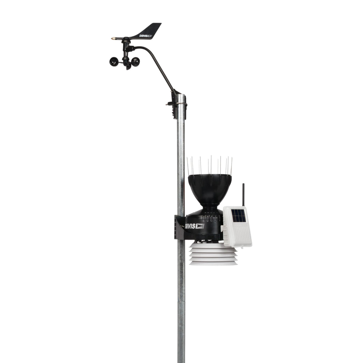 Wireless weather station by Davis Instruments featuring a rain collector, anemometer, and solar panel.