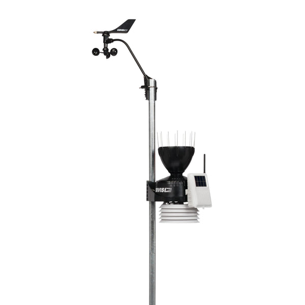 Wireless weather station by Davis Instruments featuring a rain collector, anemometer, and solar panel.