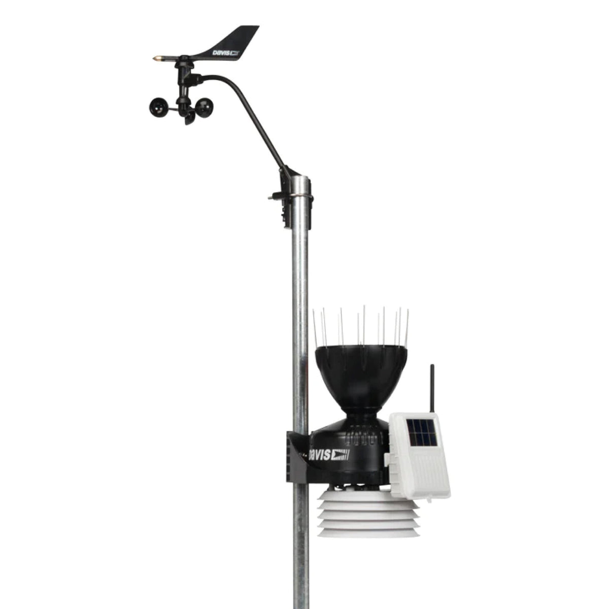 Wireless weather station by Davis Instruments with standard radiation shield and WeatherLink console.
