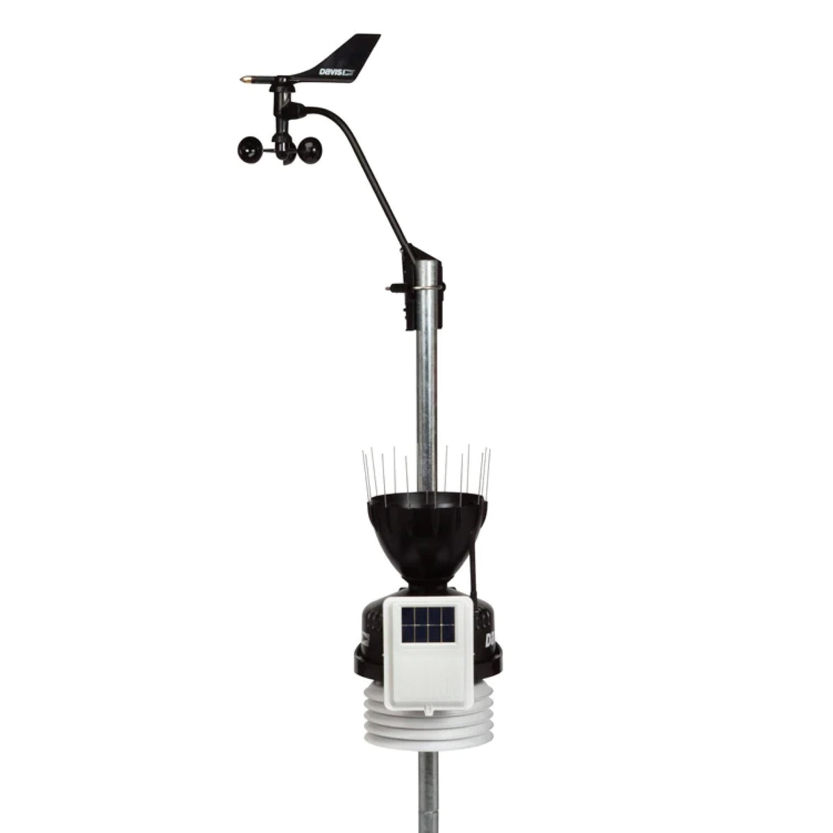 Wireless weather station with standard radiation shield by Davis Instruments featuring a solar panel and anemometer.