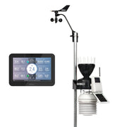 Wireless Vantage Pro2 weather station with WeatherLink console by Davis Instruments featuring a fan-aspirated radiation shield and a wind vane.
