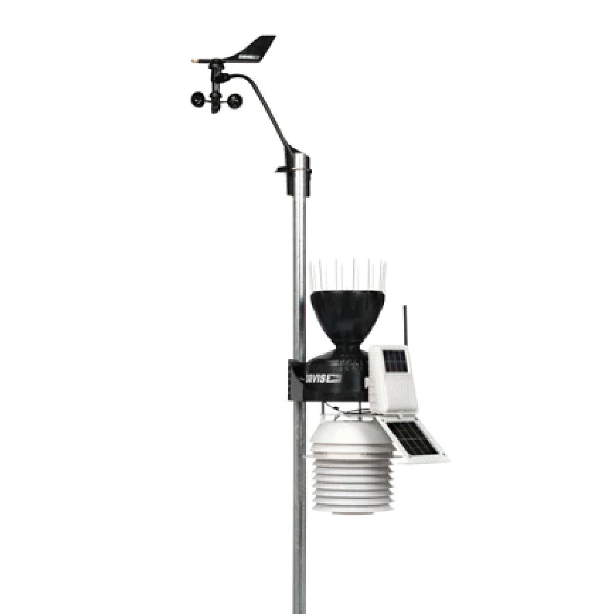 Wireless weather station with fan-aspirated radiation shield by Davis Instruments with anemometer, rain collector, and solar panel.