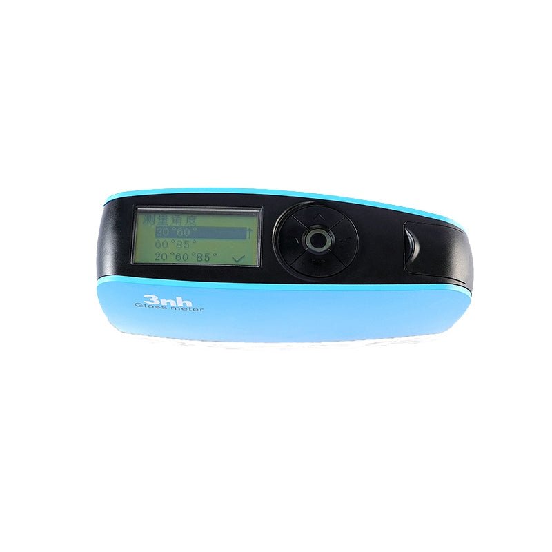 Blue YG60 high precision gloss meter by 3nh displaying measurement angles on the LCD screen.
