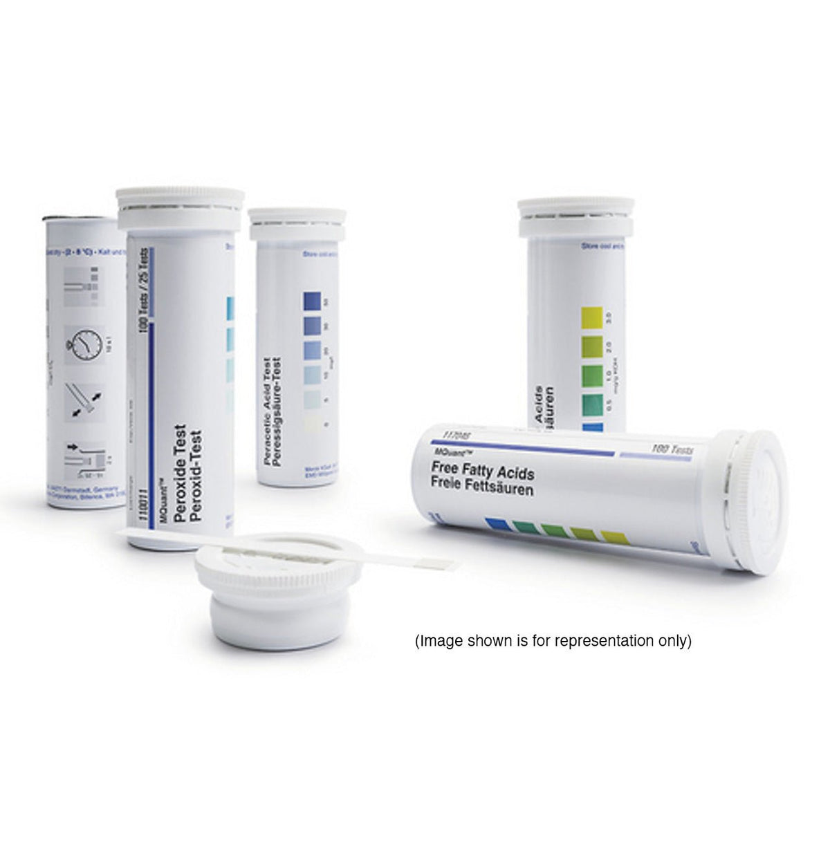 Zinc colorimetric test strips by Merck/MQuant, displayed in product packaging with color charts and a test strip.
