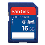 Blue 16GB Secure Digital Card by SanDisk with a white label area.