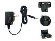 Black AC adapter with interchangeable prongs by Sper Scientific, featuring a coiled cable and different plug head options.