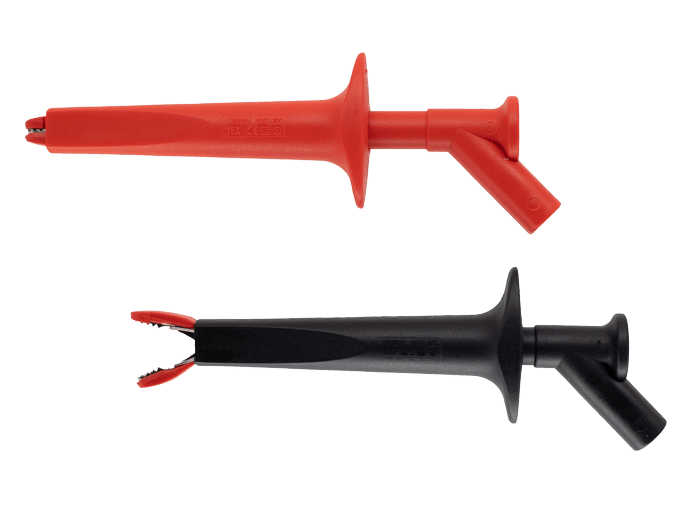 Red and black alligator safety clip adapters by Sanwa with textured grips.