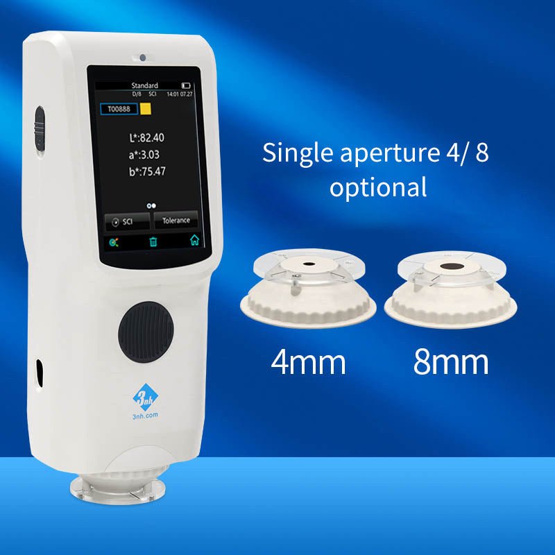 Professional spectro colorreader by 3nh with a white casing, displaying colorimetric data, alongside two aperture options.
