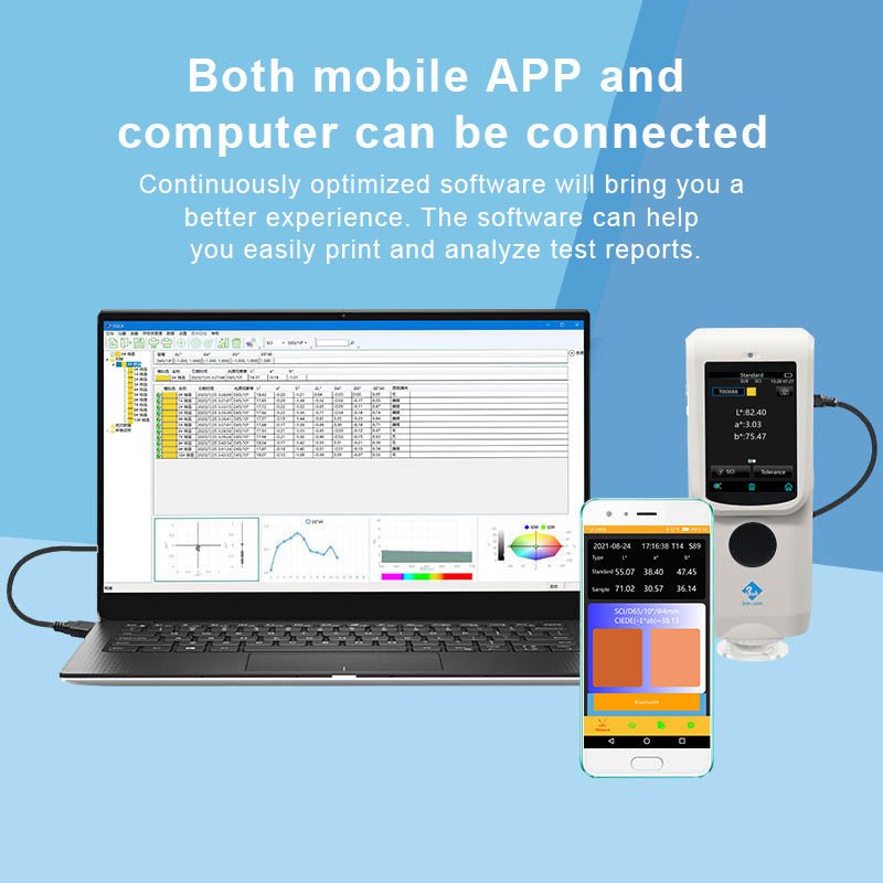 Colorimeter by 3nh connected to a laptop and mobile app displaying color measurement results.
