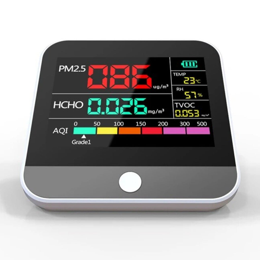 air quality monitor displaying PM2.5 levels