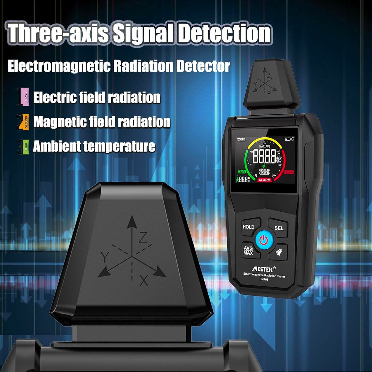 Electromagnetic radiation tester by Mestek, showing a digital display, measurement sensor, and product information on a dark background.
