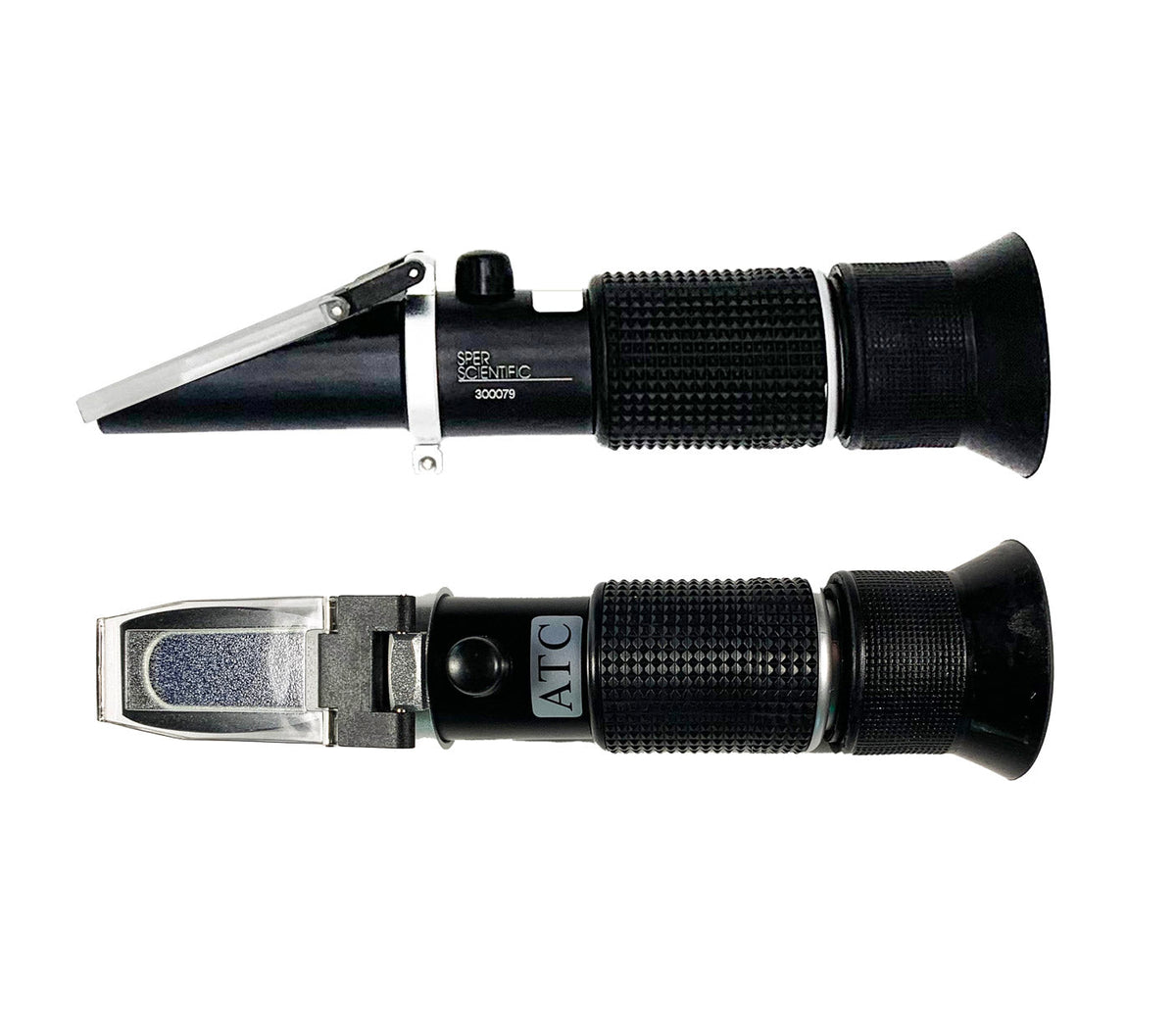 Honey refractometer with ATC by Sper Scientific, shown with black body and ribbed grip.