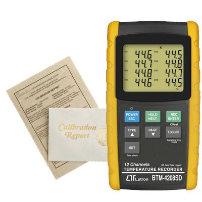 Digital 12-channel thermometer by Sper Scientific with certificate of calibration alongside.